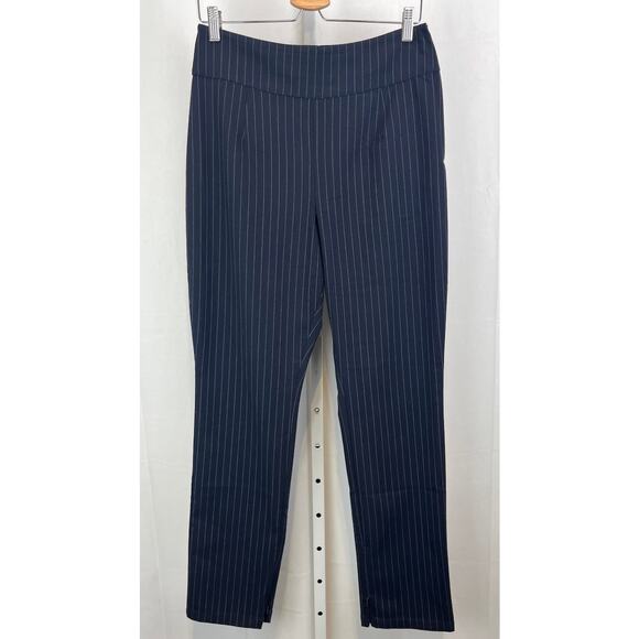 GOOD AMERICAN The Exec Stripe Pants Side Zip Hem Slit Navy Blue Size 8 29 - Picture 1 of 11